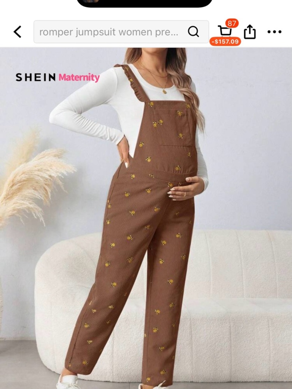 SHEIN Brown Bee Embroidered Maternity Overalls